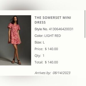 Anthropologie Somerset mini dress. Size L. Pink and red. Worn once.